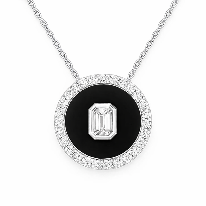 SPECIAL! 0.32ct G SI 14kt White Gold Modern Diamond & Onyx Pendant Necklace 18" Long