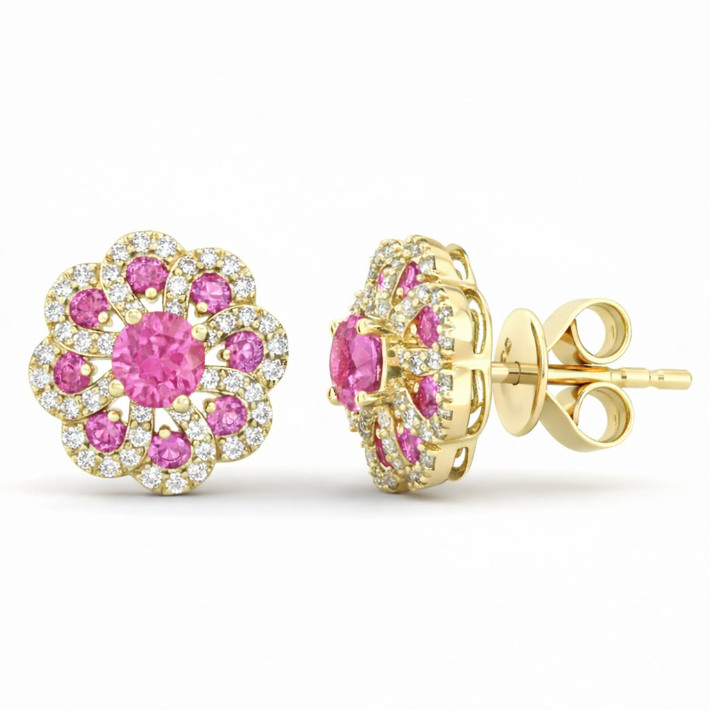 SPECIAL! 1.40ct G SI 14kt Yellow Gold Diamond & Pink Sapphire Gemstone Flower Earrings