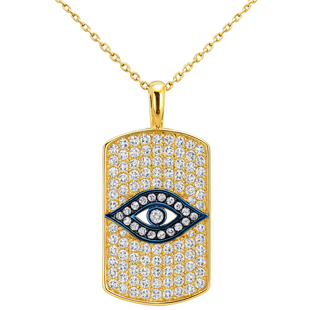 SPECIAL! .98ct G SI 14kt Yellow Gold Diamond Dog Tag Evil Eye Pendant Necklace 18" Long