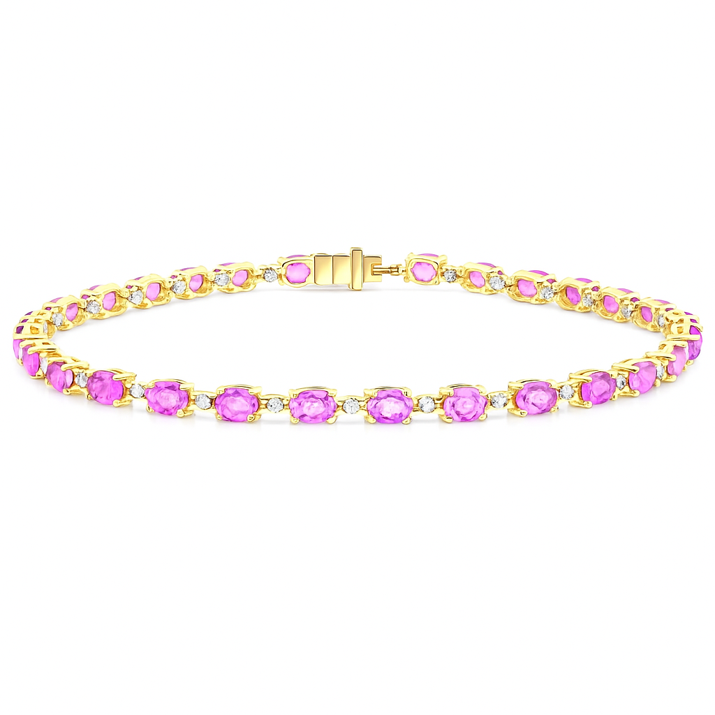 SPECIAL! 6.30ct G SI 14KT Yellow Gold Diamond & Pink Sapphire Gemstone Tennis Bracelet 8"