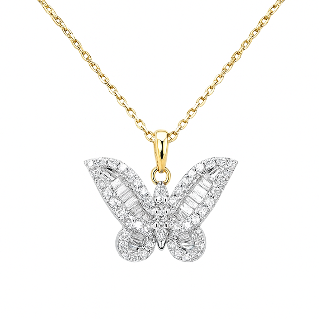 SPECIAL! .43ct G SI 14K Yellow Gold Round & Baguette Diamond Butterfly Pendant Necklace 18" Long Chain