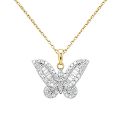 SPECIAL! .43ct G SI 14K Yellow Gold Round & Baguette Diamond Butterfly Pendant Necklace 18" Long Chain