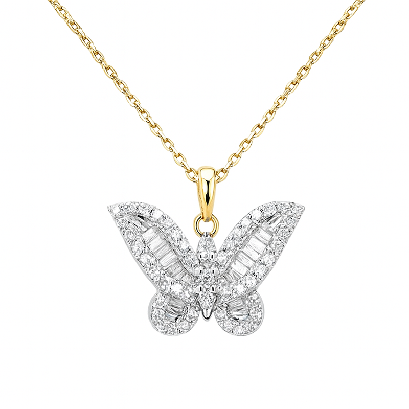 SPECIAL! .43ct G SI 14K Yellow Gold Round & Baguette Diamond Butterfly Pendant Necklace 18" Long Chain