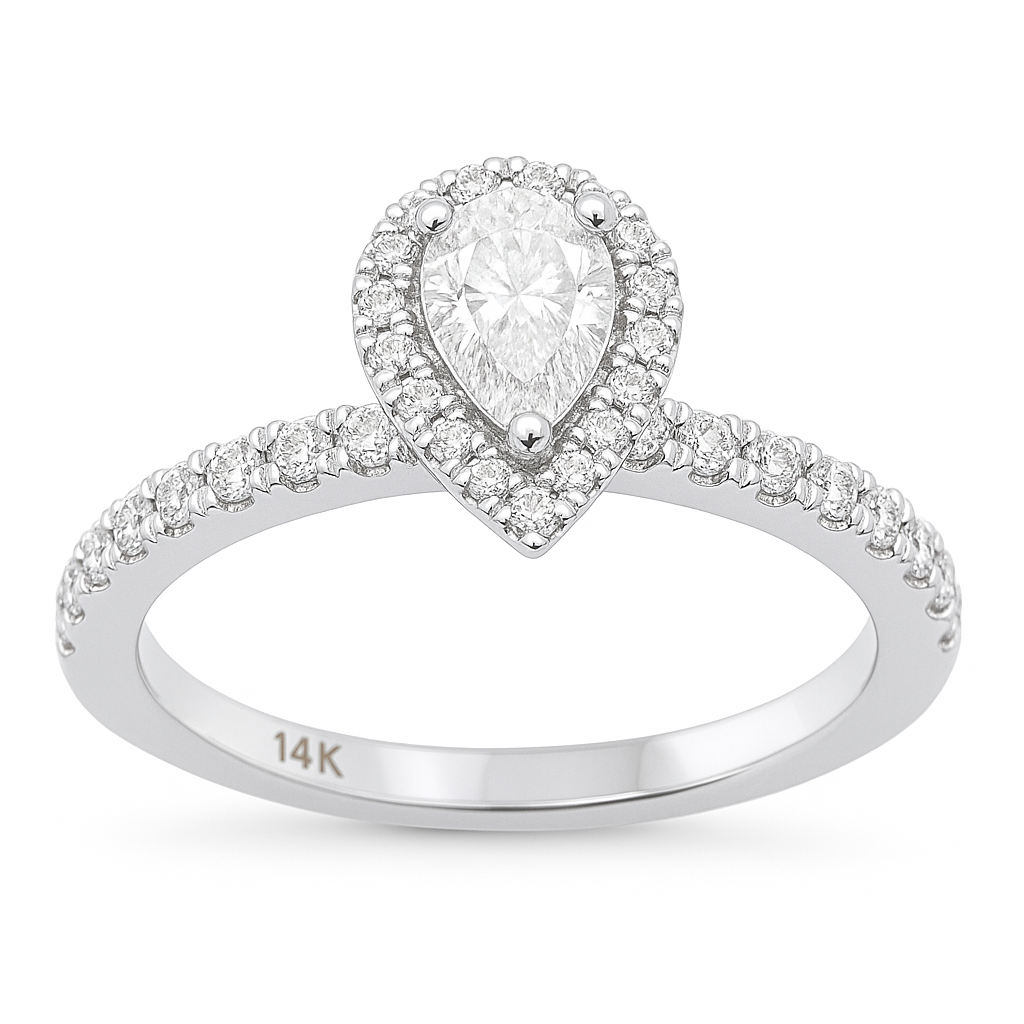 SPECIAL! .78ct G SI 14K White Gold Pear Shape Diamond Halo Engagement Ring Size 6.5