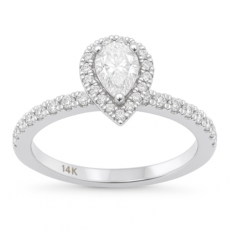 SPECIAL! .78ct G SI 14K White Gold Pear Shape Diamond Halo Engagement Ring Size 6.5