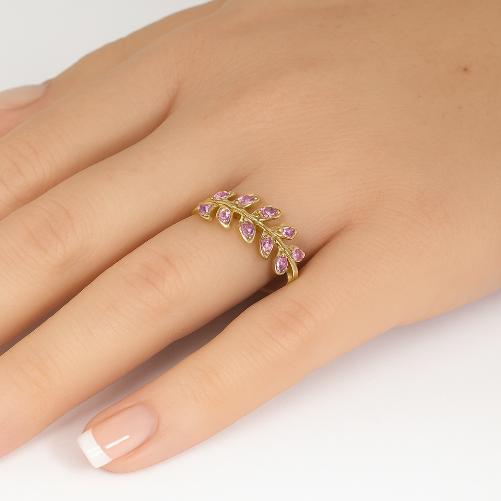 SPECIAL!.41ct G SI 14K Yellow Gold Pink Sapphire Gemstone Olive Branch Style Band Ring Size 6.5