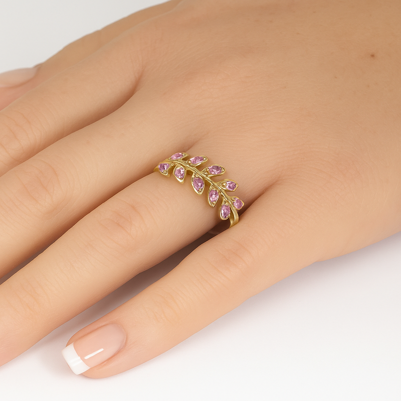 SPECIAL!.41ct G SI 14K Yellow Gold Pink Sapphire Gemstone Olive Branch Style Band Ring Size 6.5