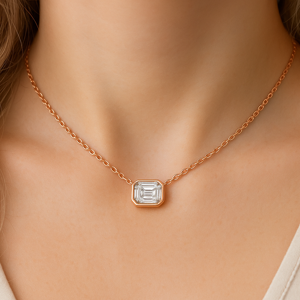 SPECIAL!.25ct G SI 14K Rose Gold Emerald Cut Bezel Set Diamond Pendant Necklace 18" Long
