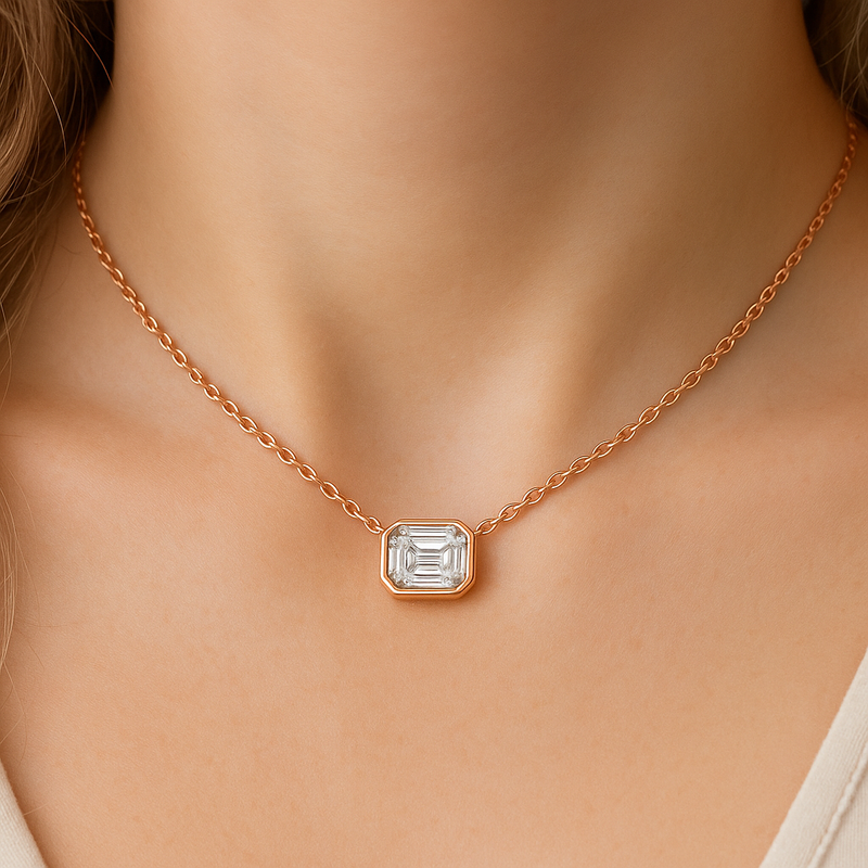 SPECIAL!.25ct G SI 14K Rose Gold Emerald Cut Bezel Set Diamond Pendant Necklace 18" Long