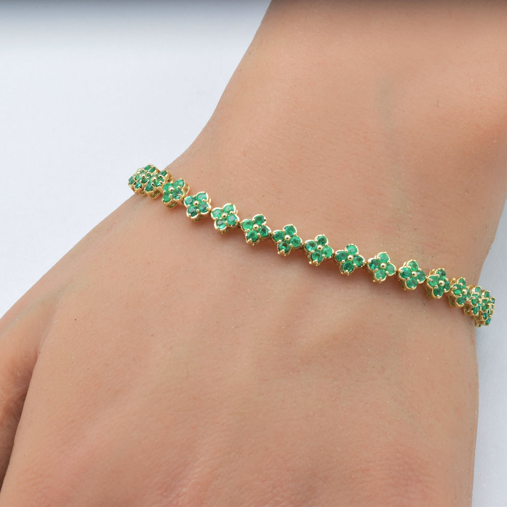 SPECIAL!2.95ct G SI 14K Yellow Gold Emerald Gemstone Clover Flower Bracelet 7" Long