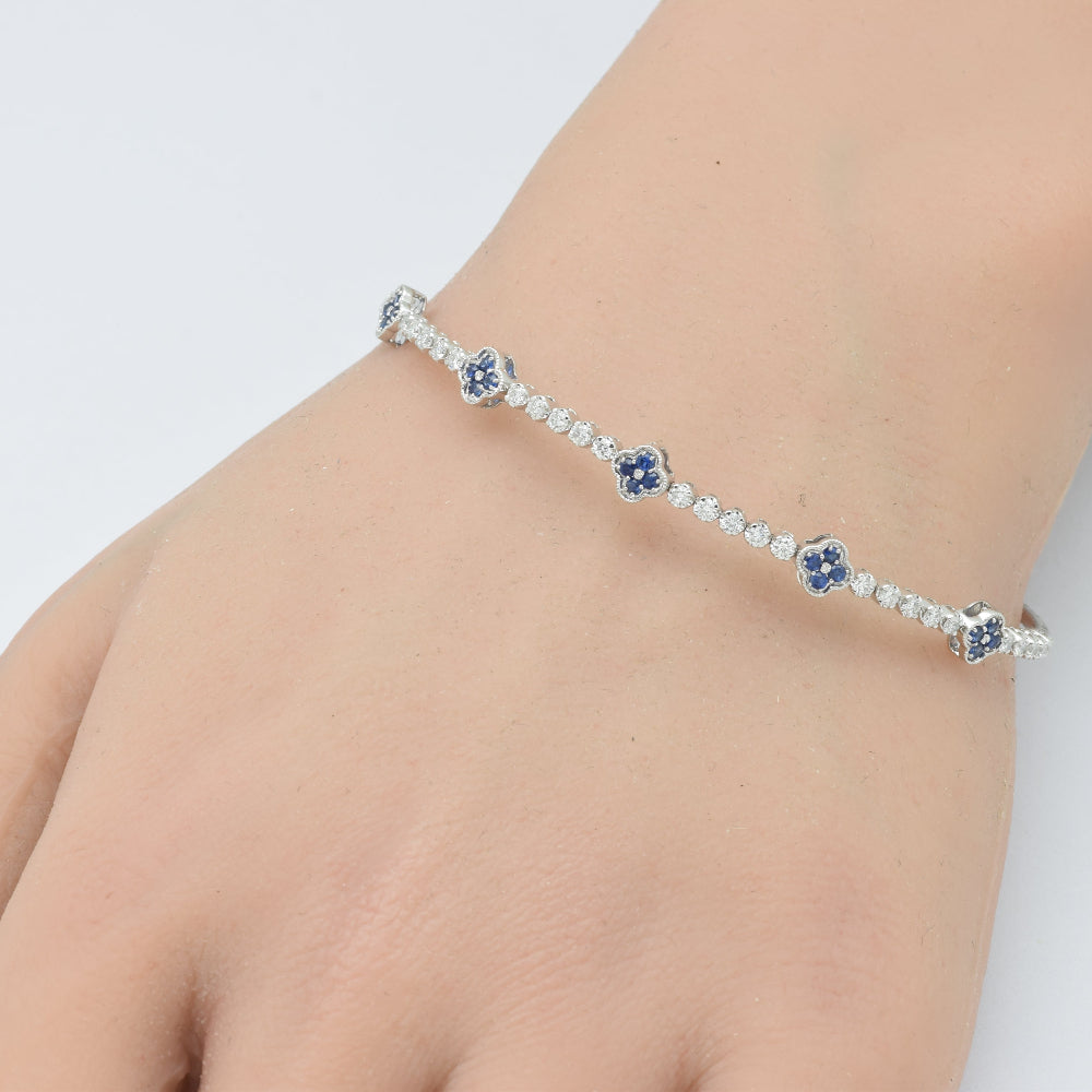 SPECIAL!.95ct G SI 14K White Gold Diamond & Blue Sapphire Gemstone Flower Bangle Bracelet