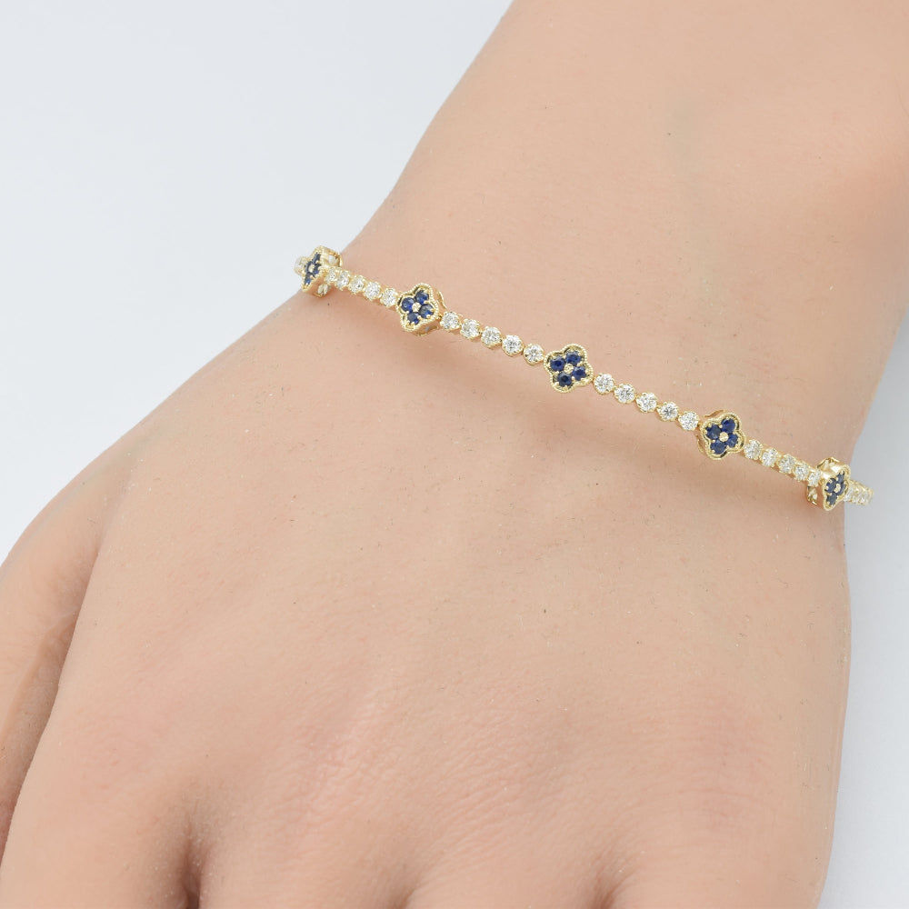 SPECIAL!.95ct G SI 14K Yellow Gold Diamond & Blue Sapphire Gemstone Flower Bangle Bracelet