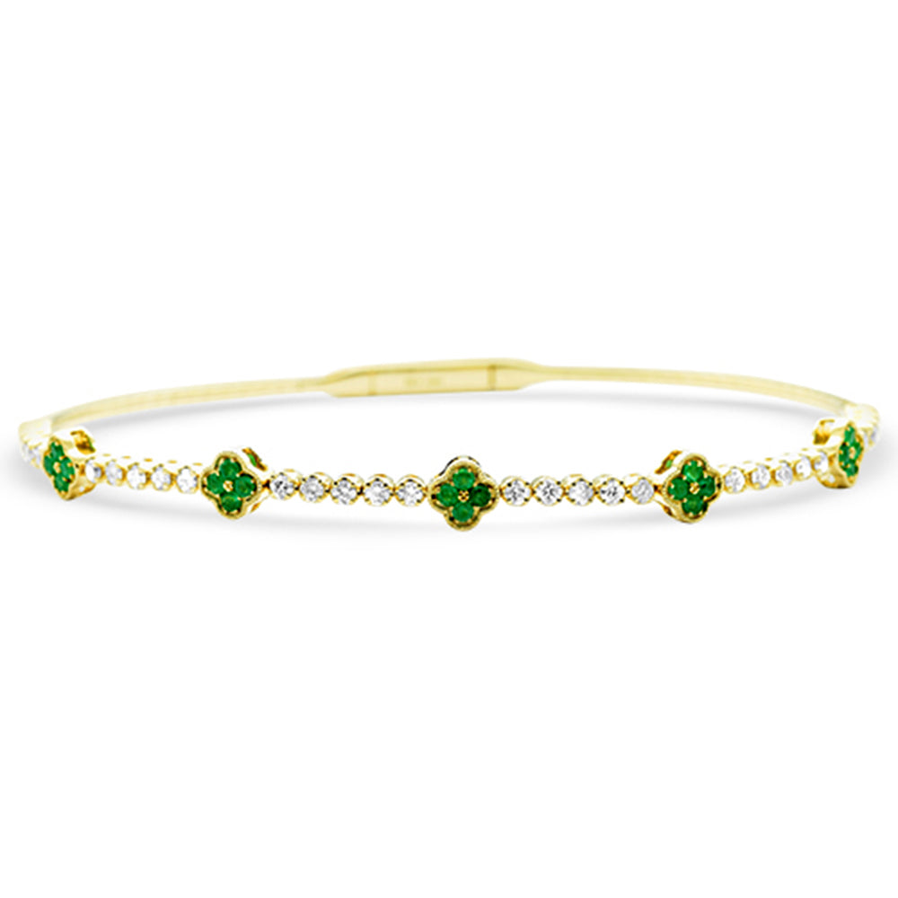 SPECIAL!.88ct G SI 14K Yellow Gold Diamond & Emerald Gemstone Clover Design Bangle Bracelet