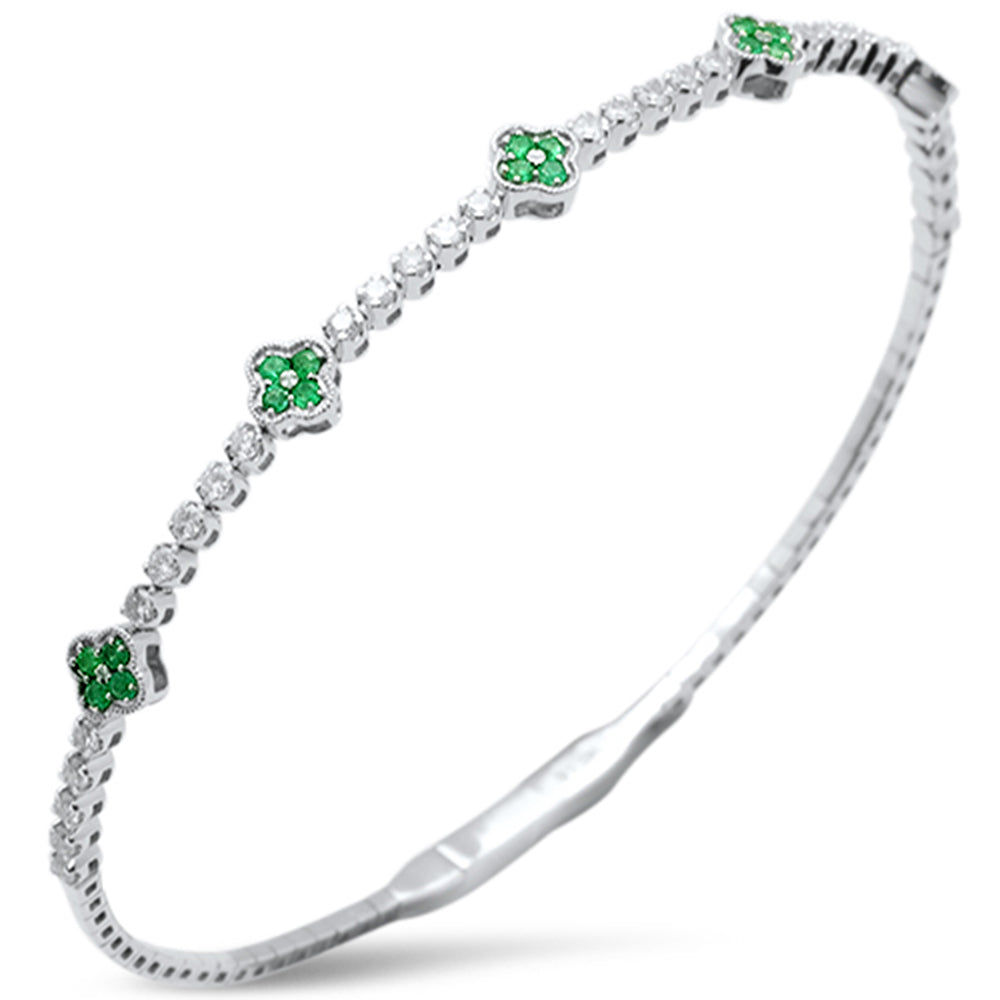 SPECIAL!.86ct G SI 14K White Gold Diamond & Emerald Gemstone Clover Design Bangle Bracelet