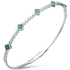 SPECIAL!.86ct G SI 14K White Gold Diamond & Emerald Gemstone Clover Design Bangle Bracelet