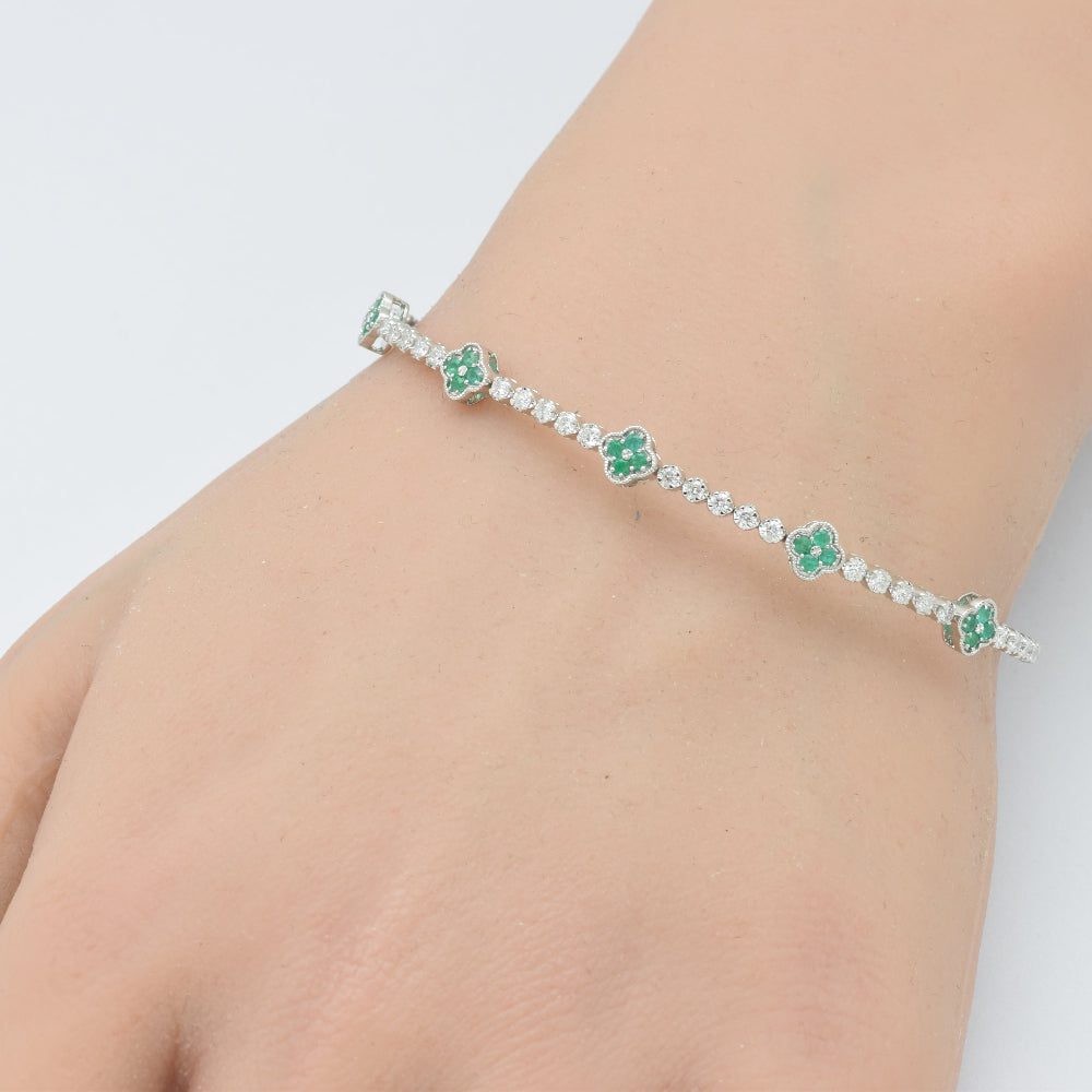 SPECIAL!.86ct G SI 14K White Gold Diamond & Emerald Gemstone Clover Design Bangle Bracelet