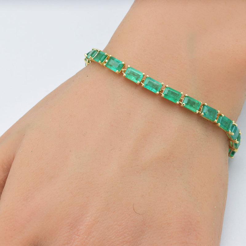 SPECIAL!14.01ct 14K Yellow Gold Natural Emerald Gemstone Tennis Bracelet 7" Long