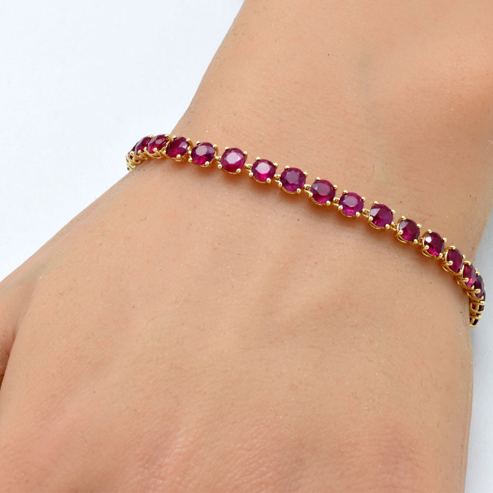 SPECIAL!10.18ct G SI 14K Yellow Gold Round Ruby Gemstone Tennis Bracelet 7" Long