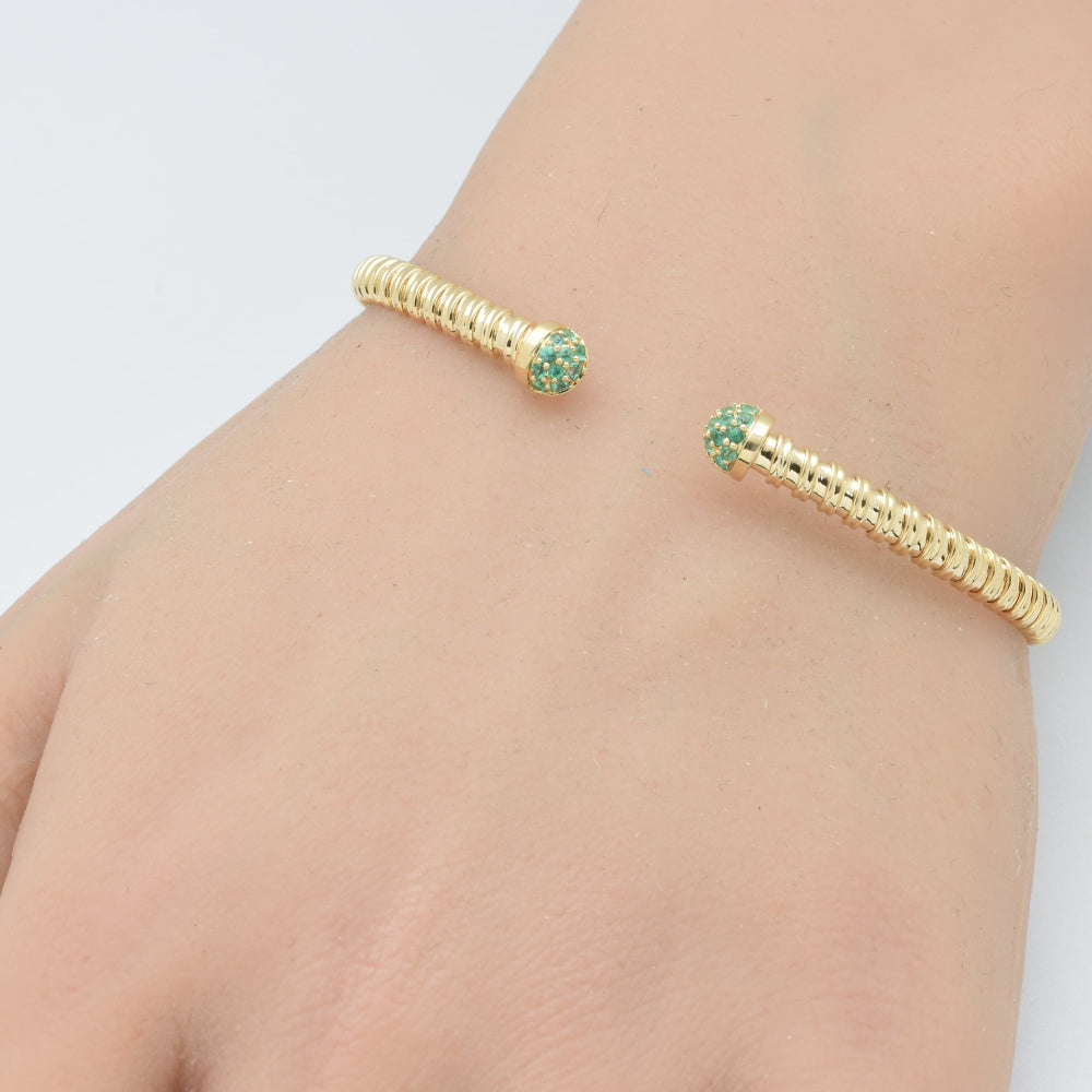 SPECIAL! .22ct G SI 14K Yellow Gold Emerald Gemstone Twisted Cable Open Bangle Bracelet