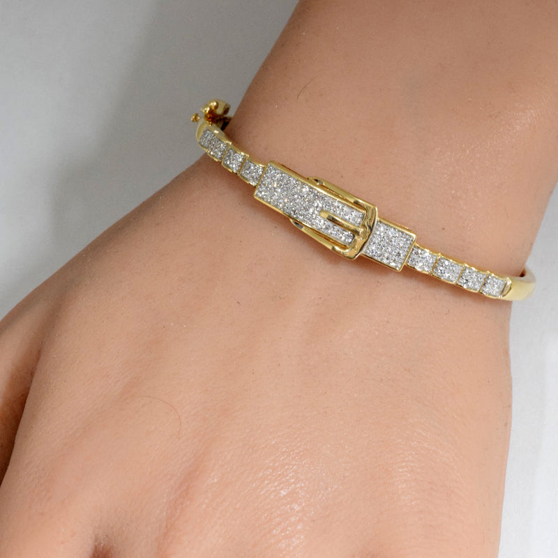 SPECIAL!.90ct G SI 14K Yellow Gold Diamond Belt Buckle Design Bangle Bracelet