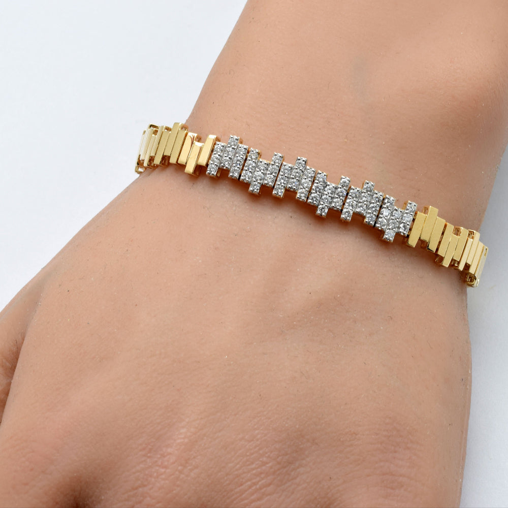 SPECIAL!1.00ct G SI 14K Yellow Gold Diamond Modern  Zig Zag Bar Bracelet 7" Long