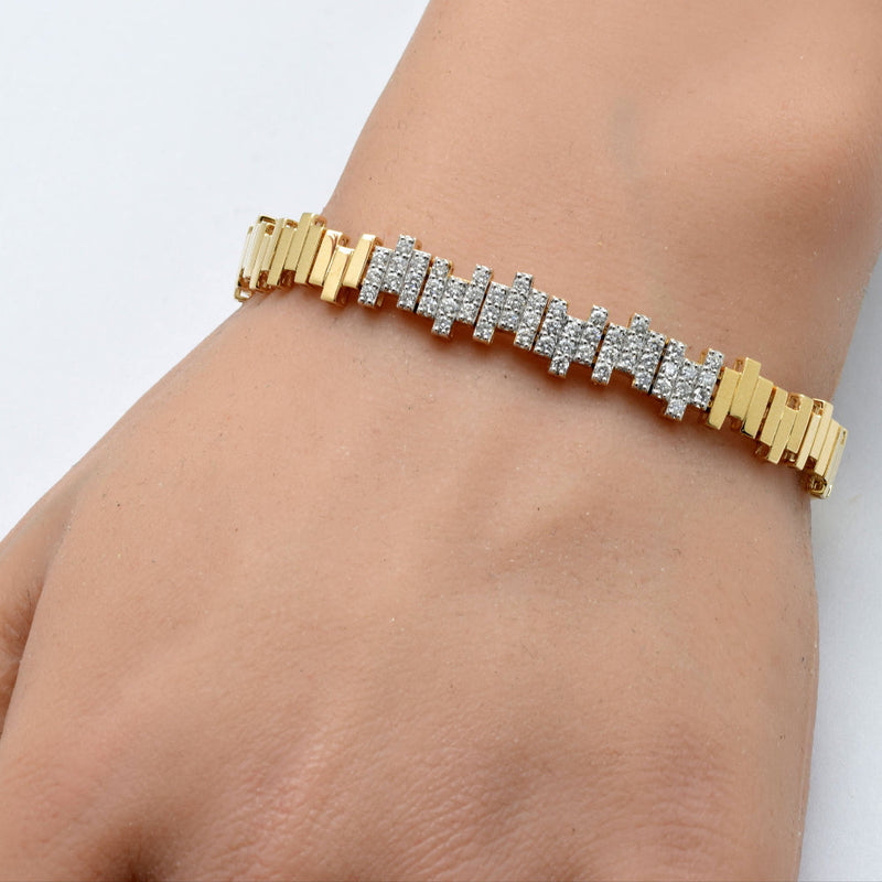 SPECIAL!1.00ct G SI 14K Yellow Gold Diamond Modern  Zig Zag Bar Bracelet 7" Long