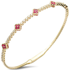 SPECIAL!.99ct G SI 14K Yellow Gold Diamond & Ruby Clover Design Gemstone Bangle Bracelet