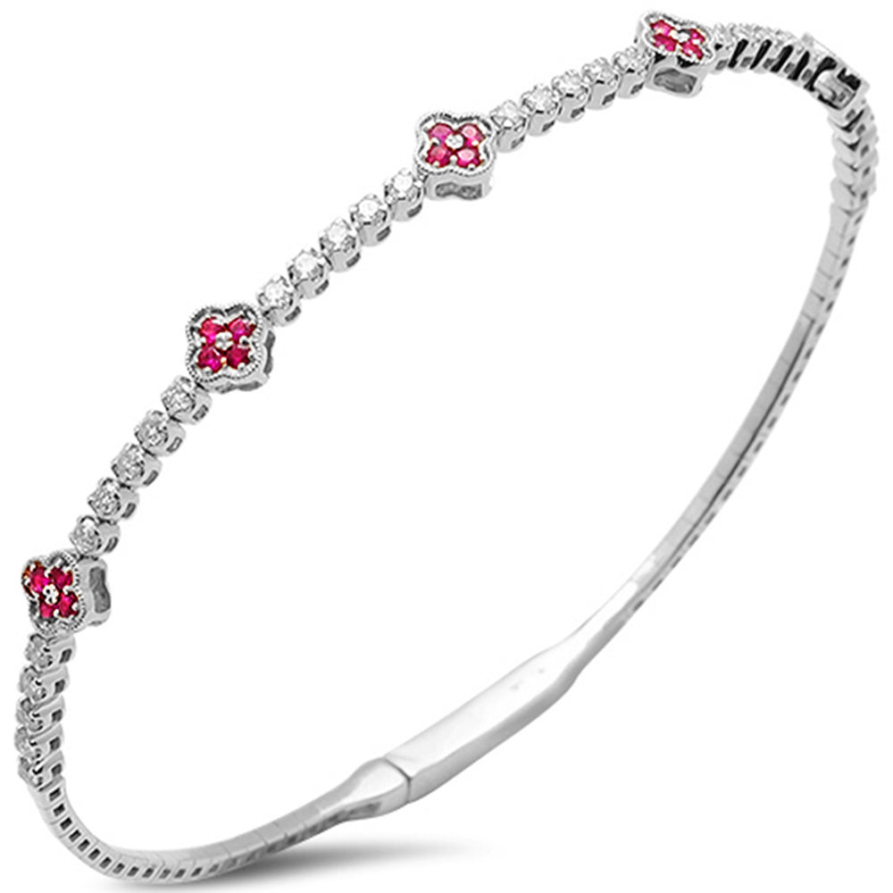 SPECIAL!.92ct G SI 14K White Gold Diamond & Ruby Gemstone Clover Design Bangle Bracelet