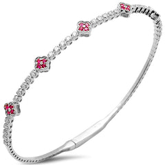 SPECIAL!.92ct G SI 14K White Gold Diamond & Ruby Gemstone Clover Design Bangle Bracelet