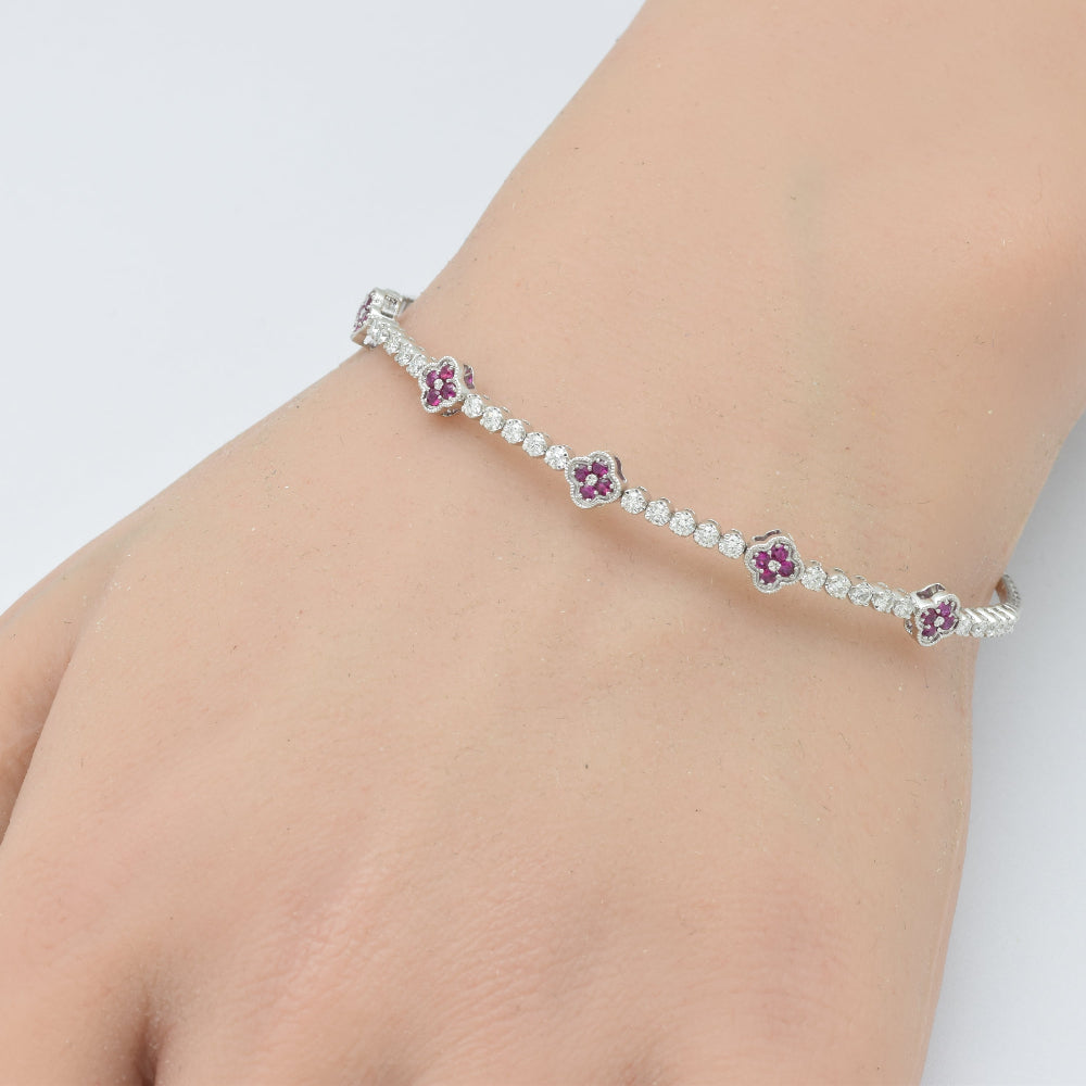 SPECIAL!.92ct G SI 14K White Gold Diamond & Ruby Gemstone Clover Design Bangle Bracelet
