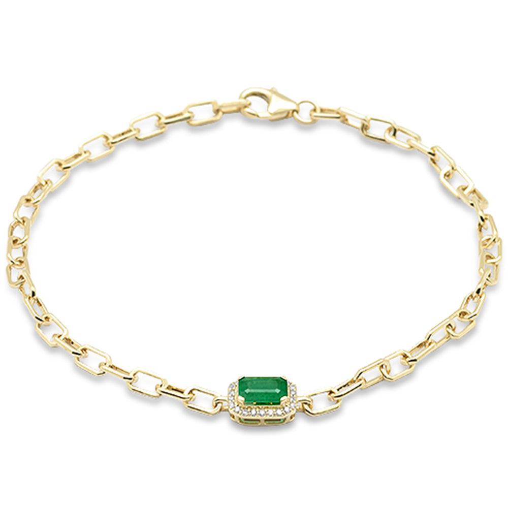 SPECIAL!.73ct G SI 14K Yellow Gold Diamond & Emerald Gemstone PaperClip Bracelet 7" Long
