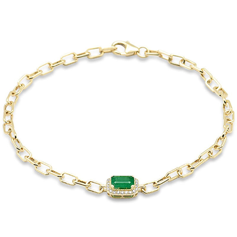 SPECIAL!.73ct G SI 14K Yellow Gold Diamond & Emerald Gemstone PaperClip Bracelet 7" Long