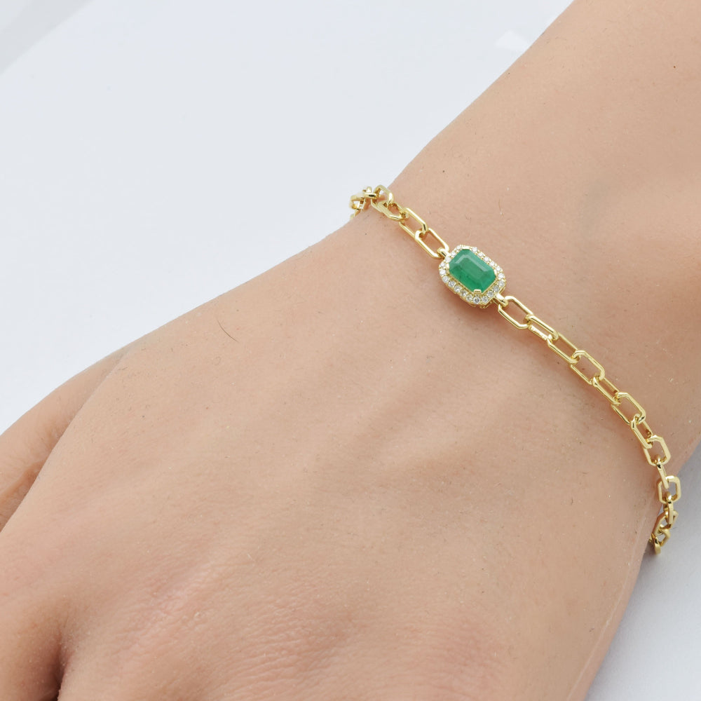 SPECIAL!.73ct G SI 14K Yellow Gold Diamond & Emerald Gemstone PaperClip Bracelet 7" Long