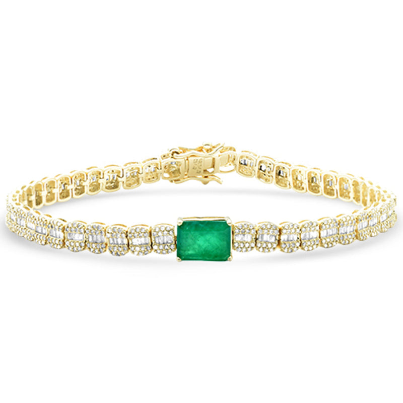 SPECIAL! 3.14ct G SI 14K Yellow Gold Round & Baguette Diamond & Emerald Gemstone Tennis Bracelet 7" Long