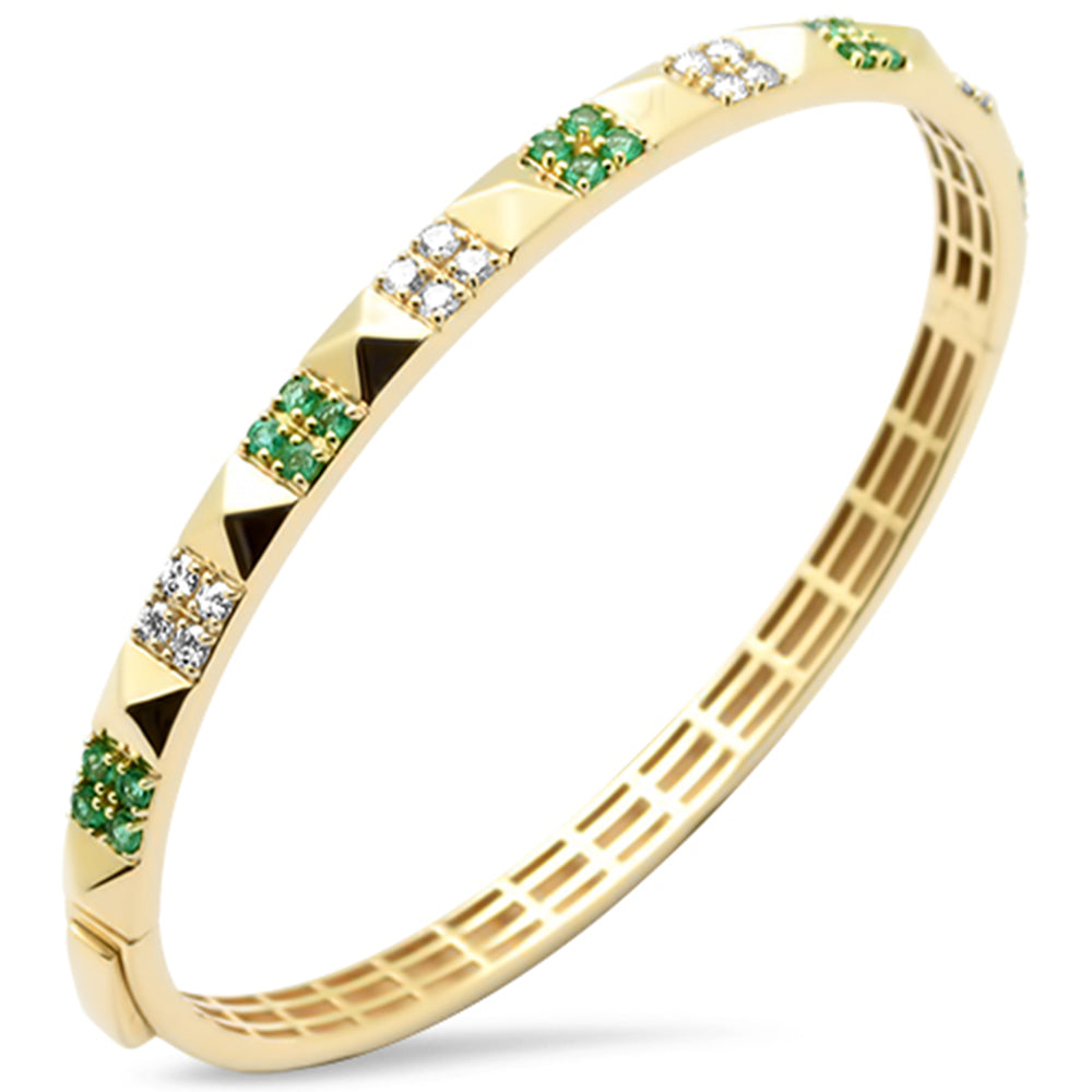 SPECIAL!1.10ct G SI 14K Yellow Gold Diamond & Emerald Gemstone Spike Studded Bangle Bracelet