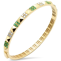 SPECIAL!1.10ct G SI 14K Yellow Gold Diamond & Emerald Gemstone Spike Studded Bangle Bracelet