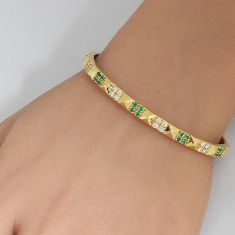 SPECIAL!1.10ct G SI 14K Yellow Gold Diamond & Emerald Gemstone Spike Studded Bangle Bracelet