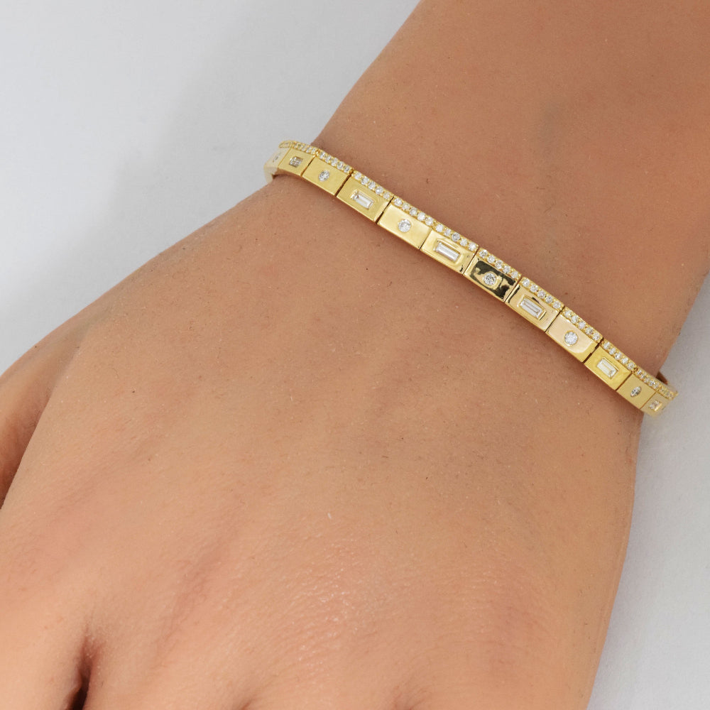 SPECIAL!1.01ct G SI 14K Yellow Gold Round & Baguette Diamond Bracelet 7" Long