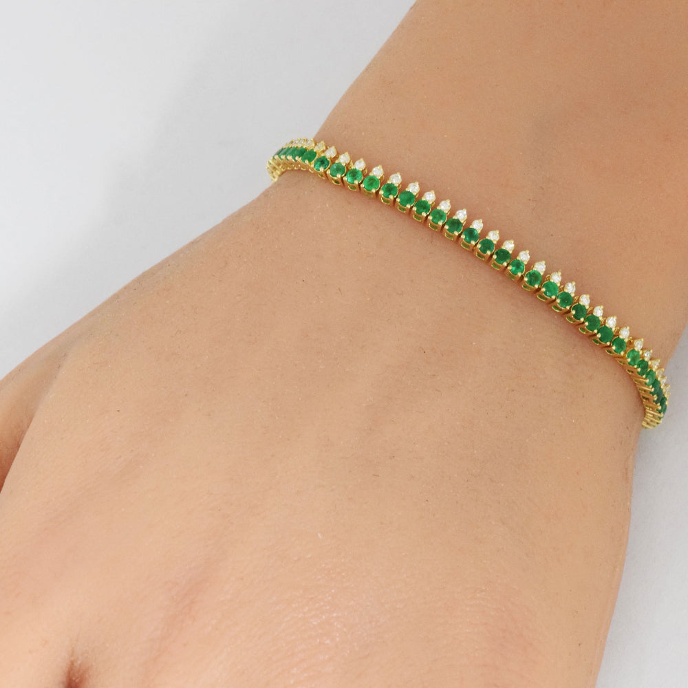 SPECIAL!2.93ct G SI 14K Yellow Gold Diamond & Emerald Gemstone Elegant Tennis Bracelet 7" Long