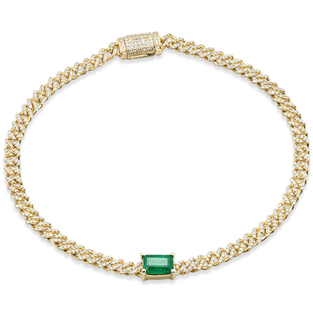 SPECIAL!1.30ct G SI 14K Yellow Gold Diamond & Emerald Gemstone Cuban Bracelet 7" Long