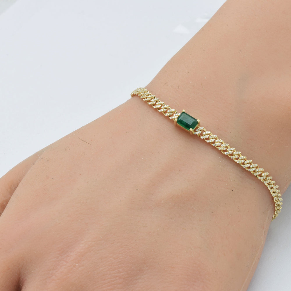 SPECIAL!1.30ct G SI 14K Yellow Gold Diamond & Emerald Gemstone Cuban Bracelet 7" Long