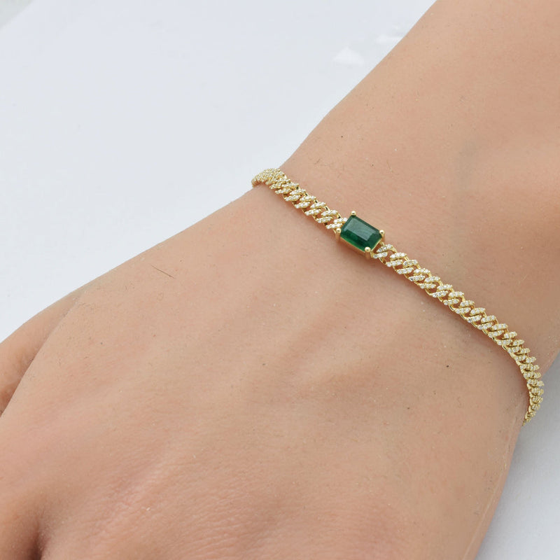 SPECIAL!1.30ct G SI 14K Yellow Gold Diamond & Emerald Gemstone Cuban Bracelet 7" Long