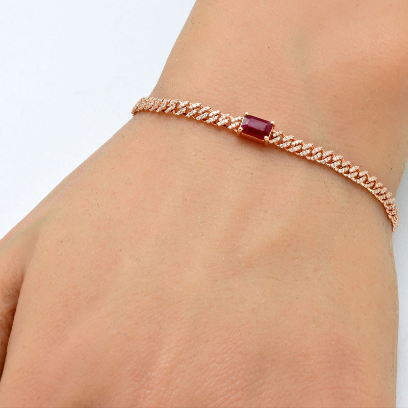 SPECIAL!1.46ct G SI 14K Rose Gold Diamond & Ruby Cuban Bracelet 7" Long