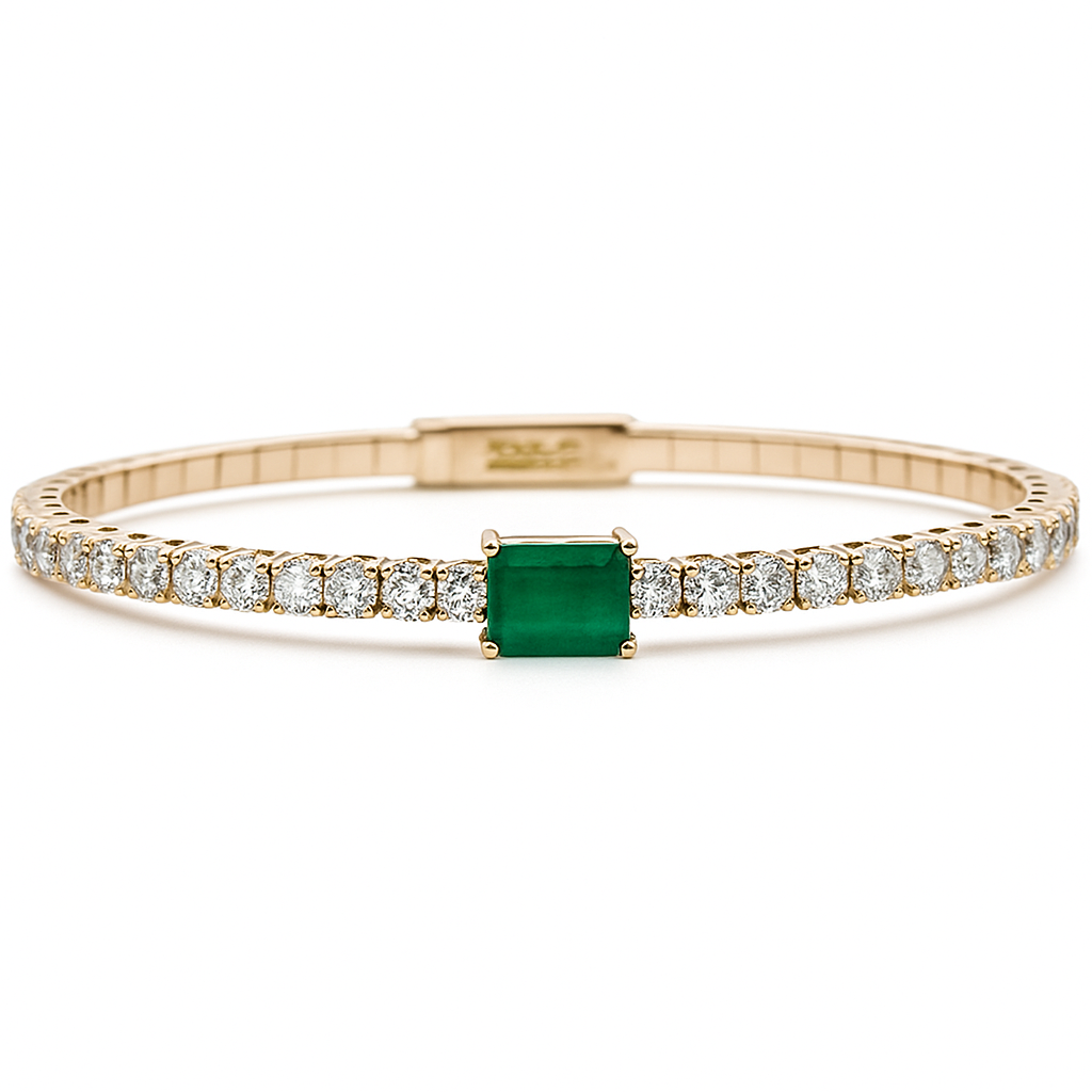 SPECIAL!5.14ct G SI 14K Yellow Gold Diamond & Emerald Bangle Bracelet