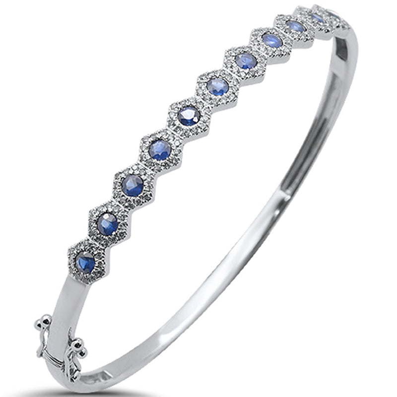 SPECIAL!2.16ct G SI 14K White Gold Octagon Shape Diamond & Blue Sapphire Gemstone Bangle Bracelet