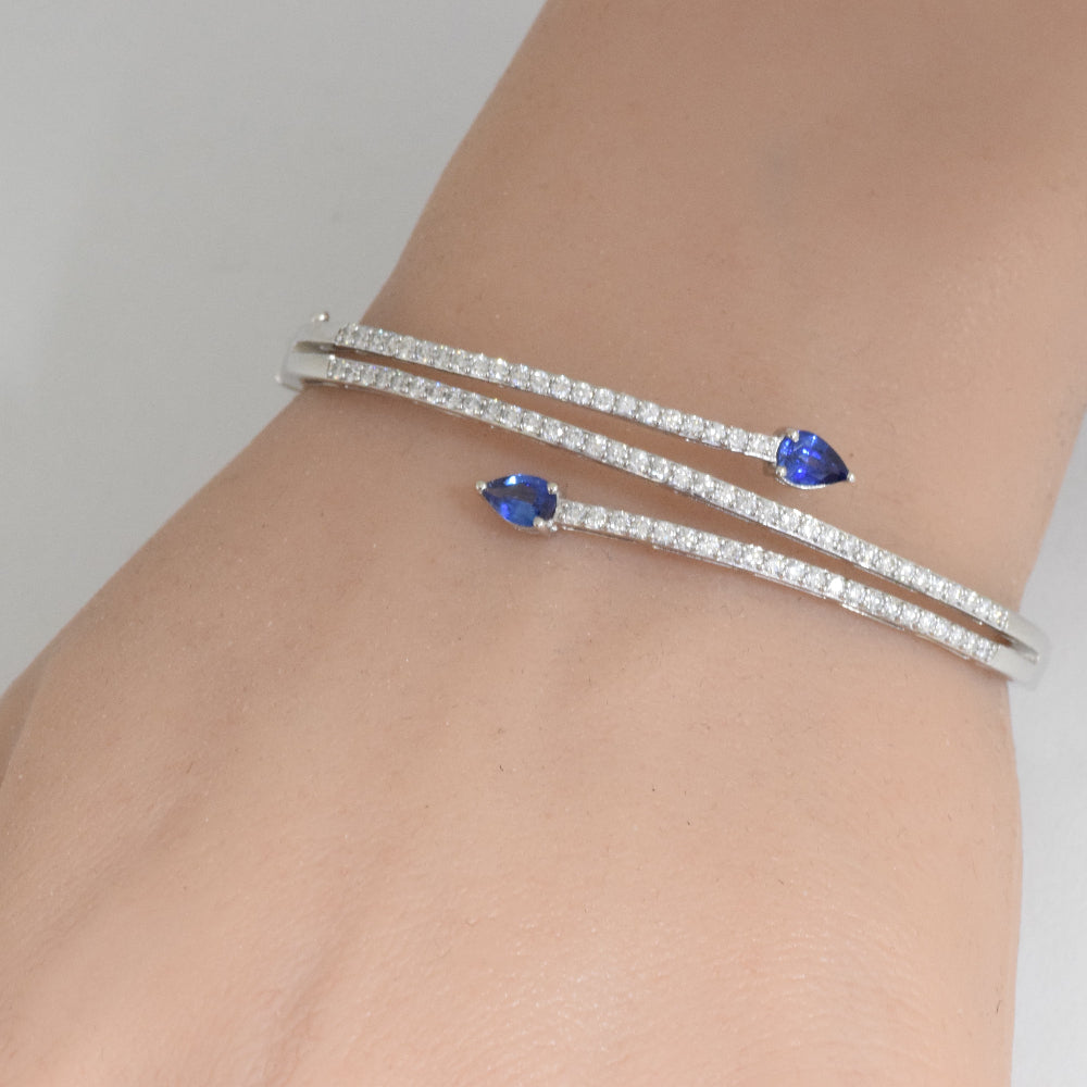 SPECIAL!1.95ct G SI 14K White Gold Diamond & Blue Sapphire Gemstone Bangle Bracelet