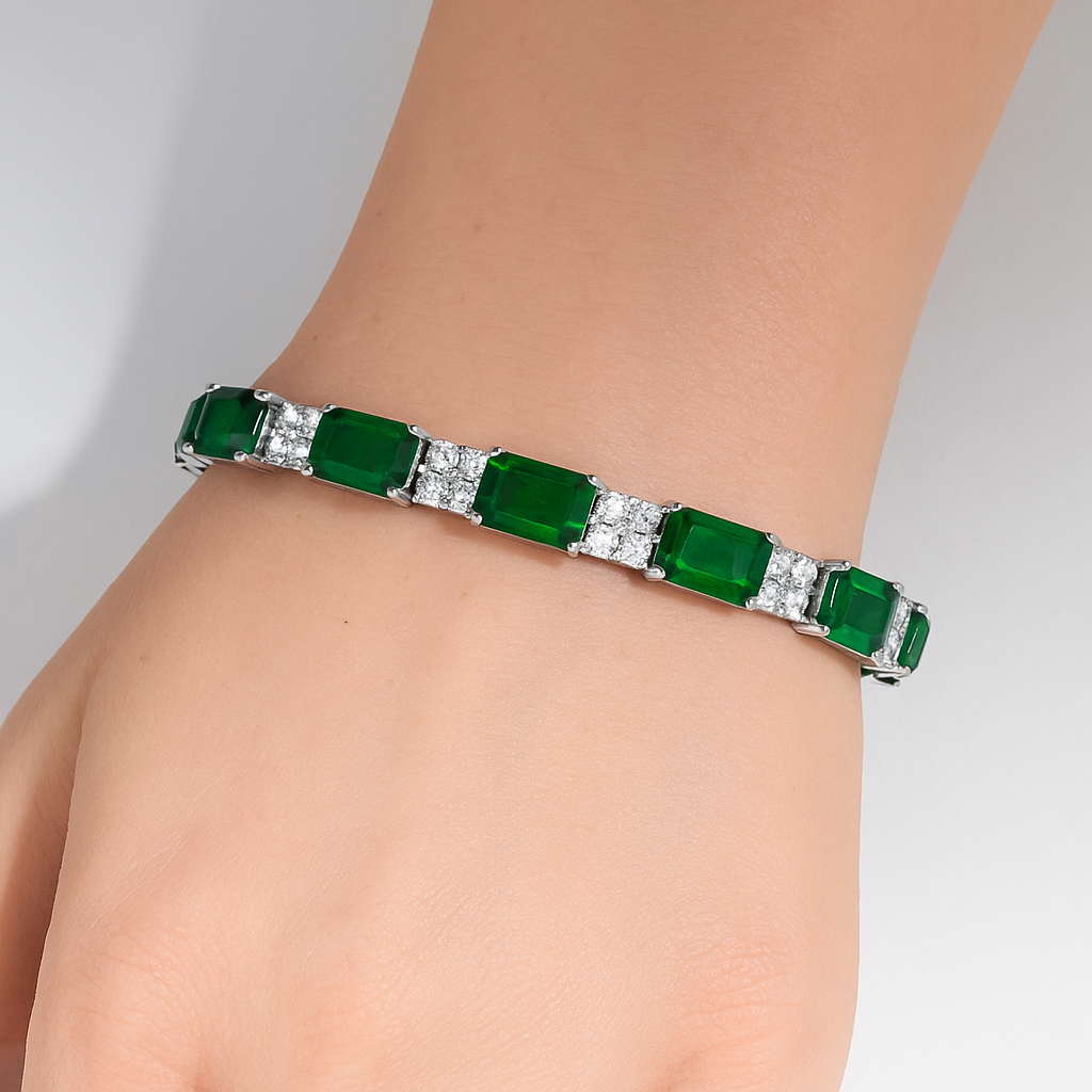SPECIAL!16.25ct G SI 14K White Gold Diamond & Emerald Gemstone Bracelet 7" Long