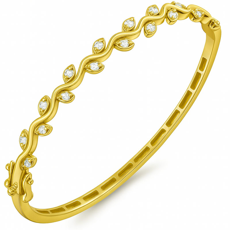 SPECIAL! .49ct G SI 14kt Yellow Gold Round Diamond Leaf Design Bangle Bracelet