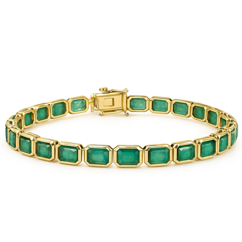 SPECIAL! 13.67ct 14kt Yellow Gold Natural Emerald Gemstone Bezel Set East West Bracelet 7" Long