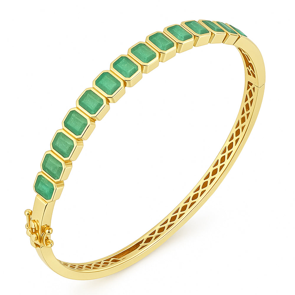 SPECIAL! 4.28ct 14kt Yellow Gold Emerald Gemstone Bezel Set Bangle Bracelet